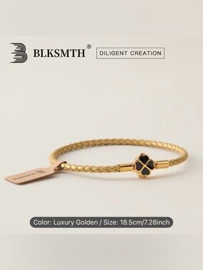 BLKSMTH Luxury Golden Braided Leather Bracelet with Black Clover Charm